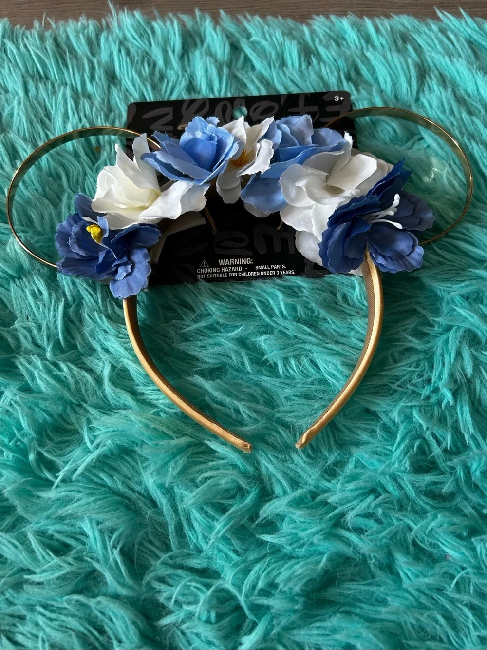Disney Floral Mickey Mouse Ears Headband Blue White Gold Flower Accents Minnie